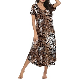 Ekouaer Long Nightgowns for Women Bamboo Viscose Sleepshirt Short Sleeve Night Gown V Neck House Dress(Leopard Print)