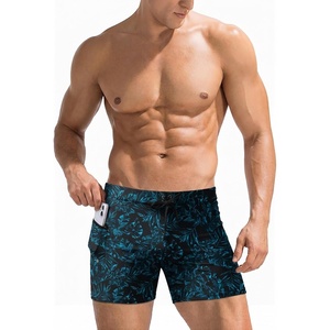 Ekouaer Mens Tight Swim Trunks Quick Dry Swim Briefs 5″ Sexy Swimwear Zip Pockets Bathing Suit with Mesh Lining(Z Blue Leaves)
