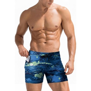 Ekouaer Mens Tight Swim Trunks Quick Dry Swim Briefs 5″ Sexy Swimwear Zip Pockets Bathing Suit with Mesh Lining(Z Palm Tree Blue)