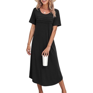 Ekouaer Nightgowns for Women Long Night Gown Pleated Moo Moos Short Sleeve House Dress Plus Size Lounge Dress S-5XL(Black)