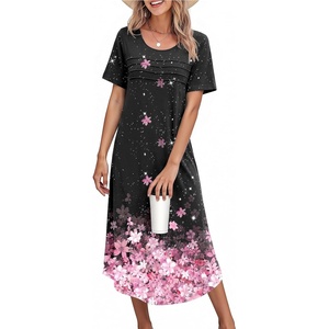 Ekouaer Nightgowns for Women Long Night Gown Pleated Moo Moos Short Sleeve House Dress Plus Size Lounge Dress S-5XL(Black Sakura)