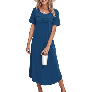 Ekouaer Nightgowns for Women Long Night Gown Pleated Moo Moos Short Sleeve House Dress Plus Size Lounge Dress S-5XL(Blue)