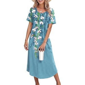 Ekouaer Nightgowns for Women Long Night Gown Pleated Moo Moos Short Sleeve House Dress Plus Size Lounge Dress S-5XL(Blue Floral)