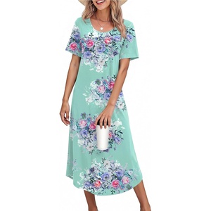 Ekouaer Nightgowns for Women Long Night Gown Pleated Moo Moos Short Sleeve House Dress Plus Size Lounge Dress S-5XL(Blue Flower)
