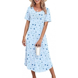 Ekouaer Nightgowns for Women Long Night Gown Pleated Moo Moos Short Sleeve House Dress Plus Size Lounge Dress S-5XL(Blue Star Moon)