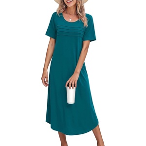 Ekouaer Nightgowns for Women Long Night Gown Pleated Moo Moos Short Sleeve House Dress Plus Size Lounge Dress S-5XL(Blue-green)