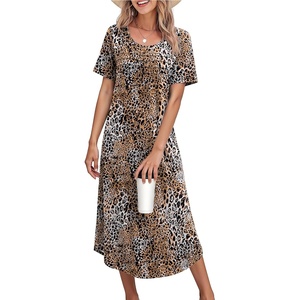 Ekouaer Nightgowns for Women Long Night Gown Pleated Moo Moos Short Sleeve House Dress Plus Size Lounge Dress S-5XL(Leopard Print)
