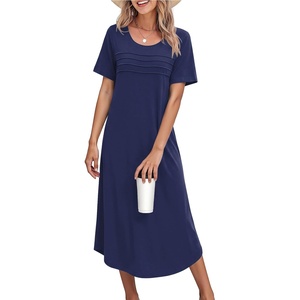 Ekouaer Nightgowns for Women Long Night Gown Pleated Moo Moos Short Sleeve House Dress Plus Size Lounge Dress S-5XL(Navy Blue)