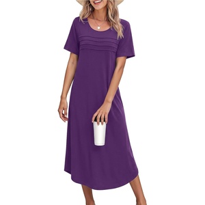 Ekouaer Nightgowns for Women Long Night Gown Pleated Moo Moos Short Sleeve House Dress Plus Size Lounge Dress S-5XL(Purple)