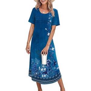 Ekouaer Nightgowns for Women Long Night Gown Pleated Moo Moos Short Sleeve House Dress Plus Size Lounge Dress S-5XL(Royal-blue Floral)