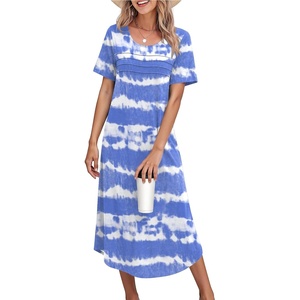 Ekouaer Nightgowns for Women Long Night Gown Pleated Moo Moos Short Sleeve House Dress Plus Size Lounge Dress S-5XL(White Blue Striped)