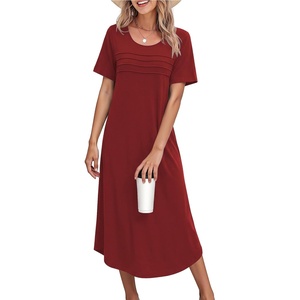 Ekouaer Nightgowns for Women Long Night Gown Pleated Moo Moos Short Sleeve House Dress Plus Size Lounge Dress S-5XL(Wine Red)