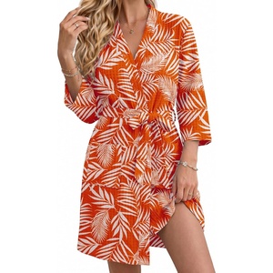 Ekouaer Robes for Women Lightweight Waffle Bath Robe Soft Floral Ladies Sleepwear Loungewear S-XXL(Orange-palm Leaf)