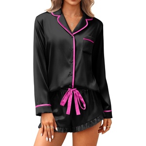 Ekouaer Satin Pajamas Set for Women 2 Piece Silky Long Sleeve and Ruffle Shorts Pajamas Button Down Pjs Loungewear Set(Black)