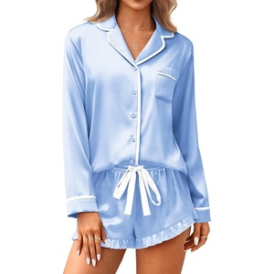 Ekouaer Satin Pajamas Set for Women 2 Piece Silky Long Sleeve and Ruffle Shorts Pajamas Button Down Pjs Loungewear Set(Blue)