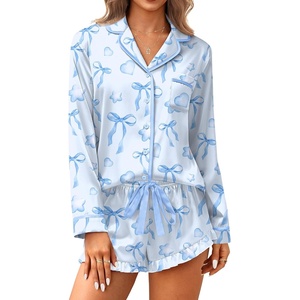 Ekouaer Satin Pajamas Set for Women 2 Piece Silky Long Sleeve and Ruffle Shorts Pajamas Button Down Pjs Loungewear Set(Blue Bow Hearts)
