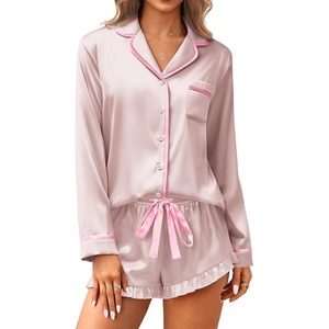 Ekouaer Satin Pajamas Set for Women 2 Piece Silky Long Sleeve and Ruffle Shorts Pajamas Button Down Pjs Loungewear Set(Champagne)