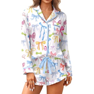 Ekouaer Satin Pajamas Set for Women 2 Piece Silky Long Sleeve and Ruffle Shorts Pajamas Button Down Pjs Loungewear Set(Colorful Bows)