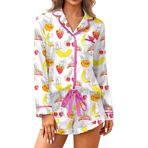 Ekouaer Satin Pajamas Set for Women 2 Piece Silky Long Sleeve and Ruffle Shorts Pajamas Button Down Pjs Loungewear Set(Colorful Fruit Prints)