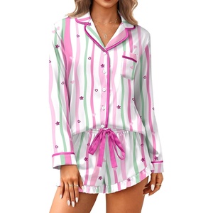 Ekouaer Satin Pajamas Set for Women 2 Piece Silky Long Sleeve and Ruffle Shorts Pajamas Button Down Pjs Loungewear Set(Colorful Striped Stars)