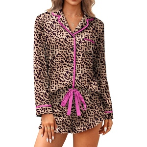 Ekouaer Satin Pajamas Set for Women 2 Piece Silky Long Sleeve and Ruffle Shorts Pajamas Button Down Pjs Loungewear Set(Leopard)