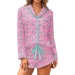Ekouaer Satin Pajamas Set for Women 2 Piece Silky Long Sleeve and Ruffle Shorts Pajamas Button Down Pjs Loungewear Set(Pineapple Coconut Tree)