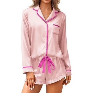 Ekouaer Satin Pajamas Set for Women 2 Piece Silky Long Sleeve and Ruffle Shorts Pajamas Button Down Pjs Loungewear Set(Pink)