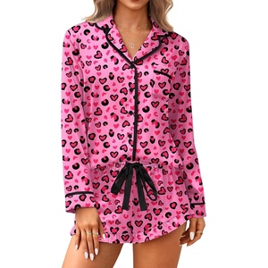 Ekouaer Satin Pajamas Set for Women 2 Piece Silky Long Sleeve and Ruffle Shorts Pajamas Button Down Pjs Loungewear Set(Rose Red Heart Leopard Print)