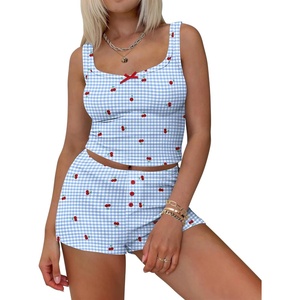 Ekouaer Women Pajama Set 2 Pieces Tank Top and Shorts Cami Sleepwear Loungewear Ribbed Knit Pjs Sets Soft Lingerie(Plaid-cherry)