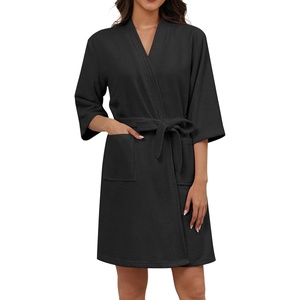 Ekouaer Women Terry Cloth Robes Absorbent Towel Robe Knee Length Soft Bathrobe 3/4 Sleeve Spa Robe with Pockets(Black)