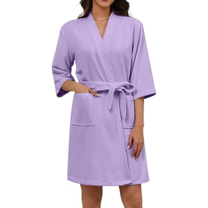 Ekouaer Women Terry Cloth Robes Absorbent Towel Robe Knee Length Soft Bathrobe 3/4 Sleeve Spa Robe with Pockets(Lavender)