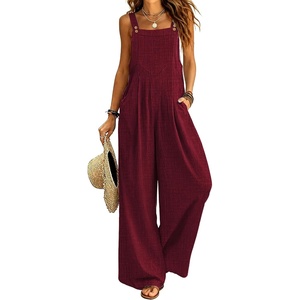 Ekouaer Womens Casual Loose Overalls Jumpsuits Summer Outfits Wide Leg Pants Rompers with Pockets S-XXL(Wine Red)