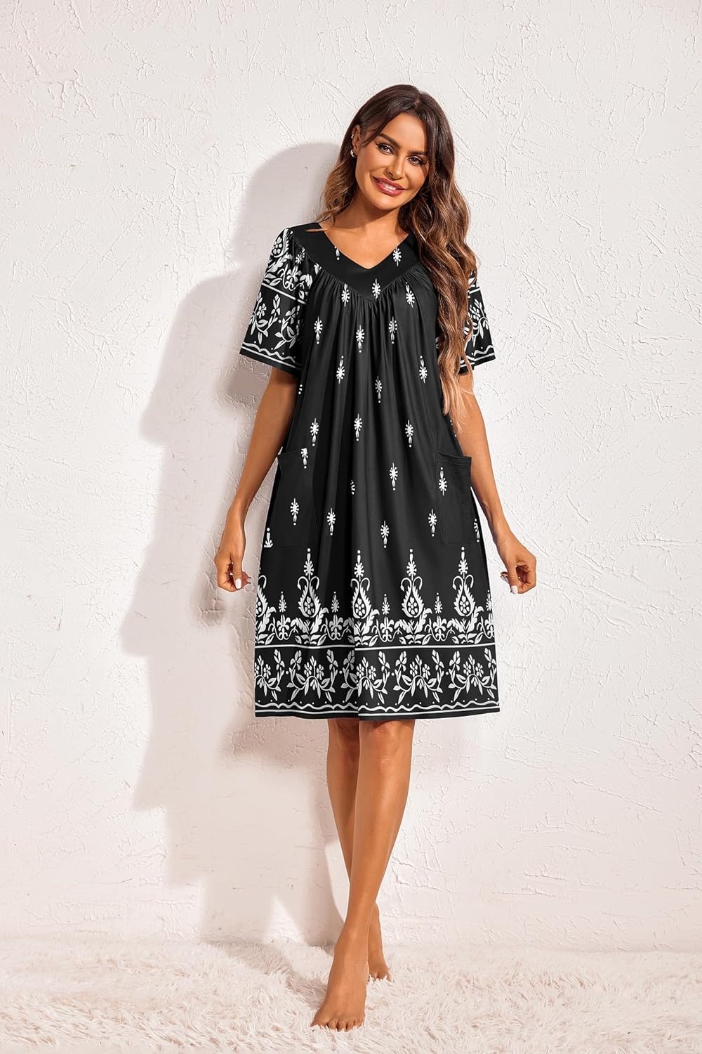 image:imageEkouaer Womens House Dress Floral Print Nightgown with Pockets Mumu DressBlack