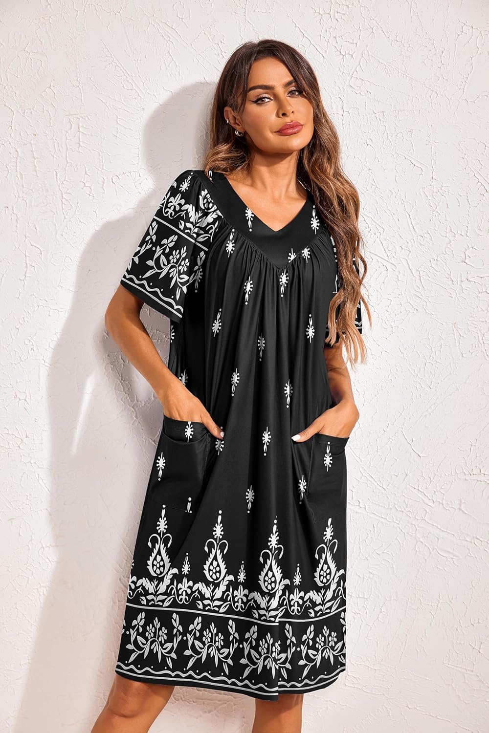 image:imageEkouaer Womens House Dress Floral Print Nightgown with Pockets Mumu DressBlack