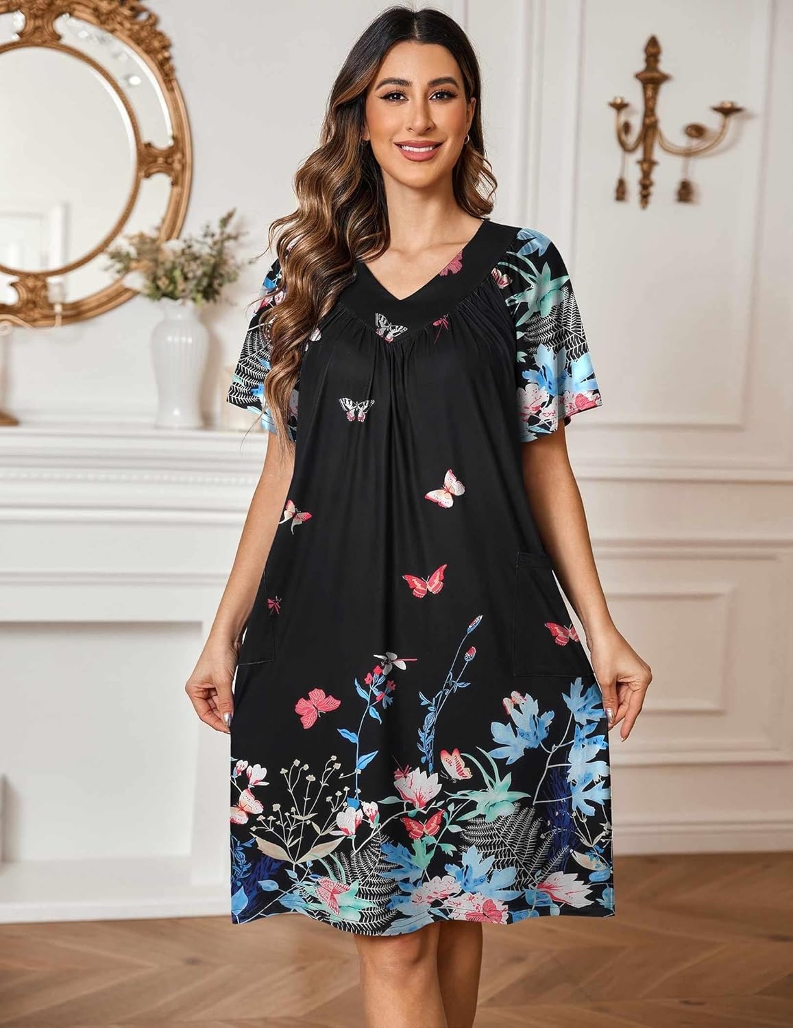 image:imageEkouaer Womens House Dress Floral Print Nightgown with Pockets Mumu DressBlack Butterfly