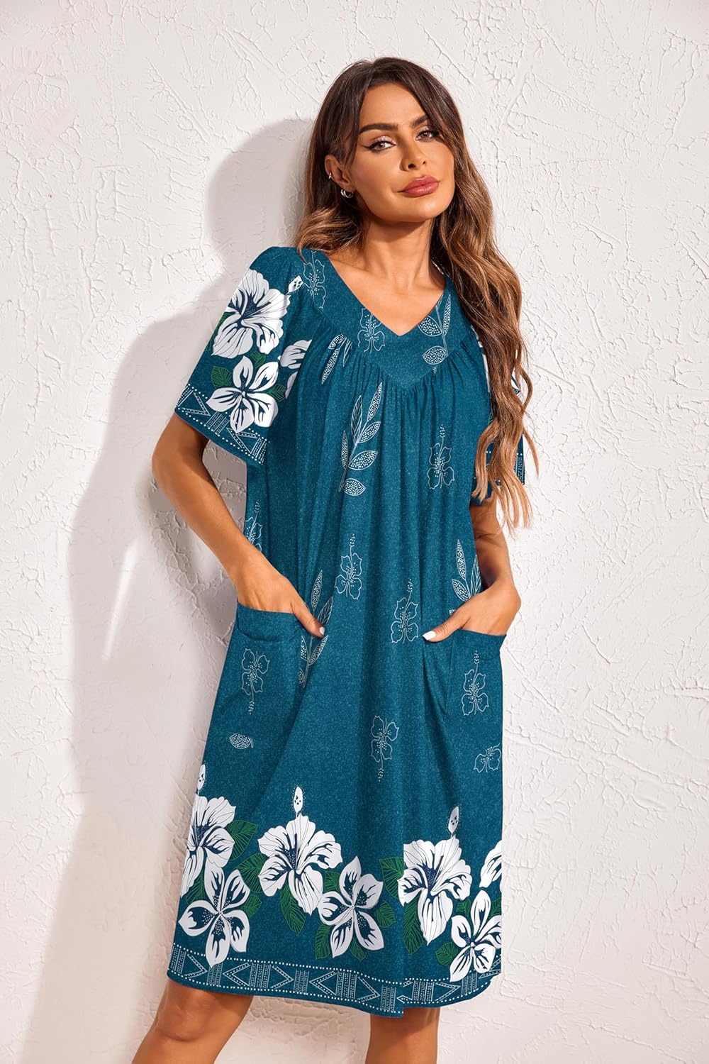 image:imageEkouaer Womens House Dress Floral Print Nightgown with Pockets Mumu DressBlue Green