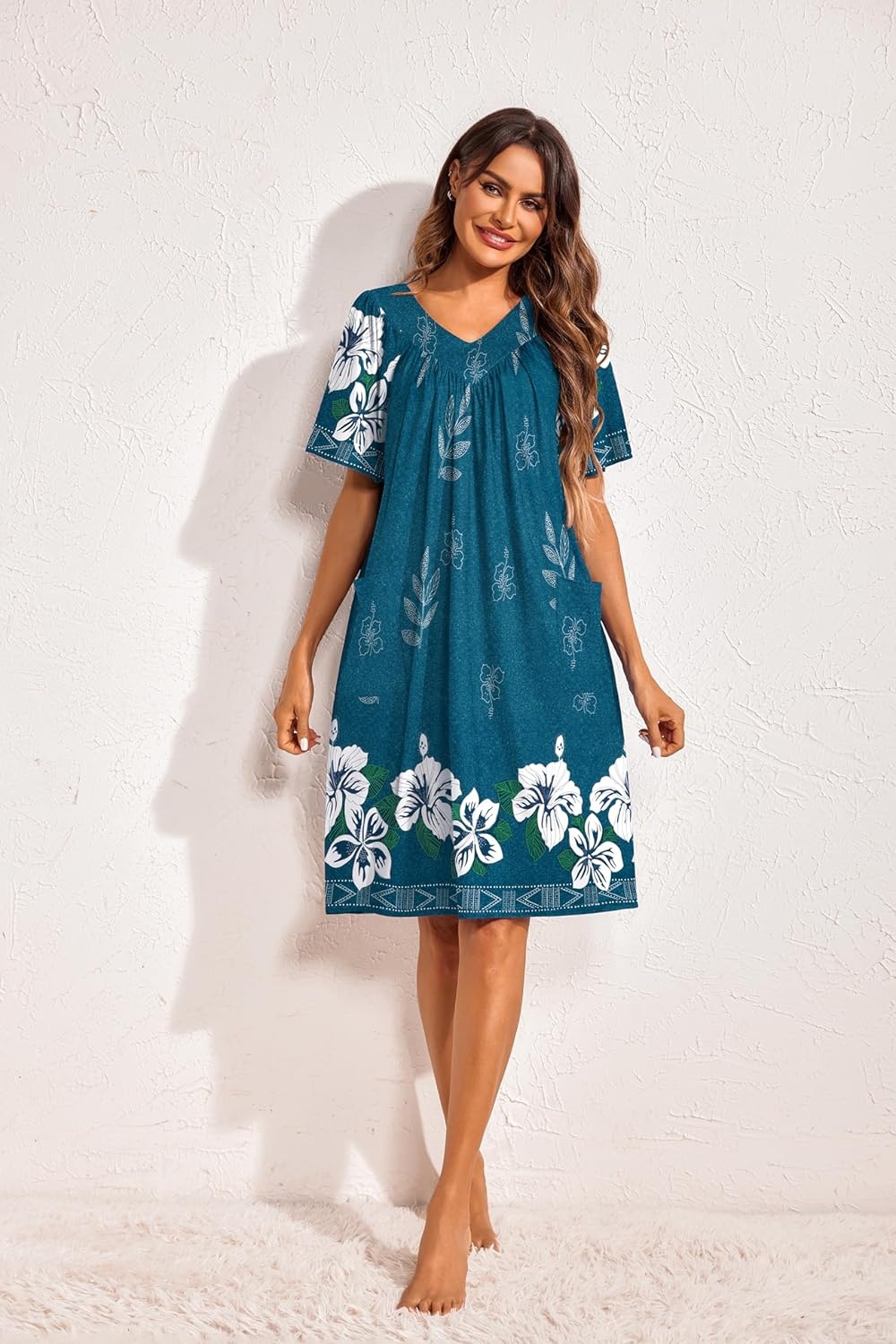 image:imageEkouaer Womens House Dress Floral Print Nightgown with Pockets Mumu DressBlue Green