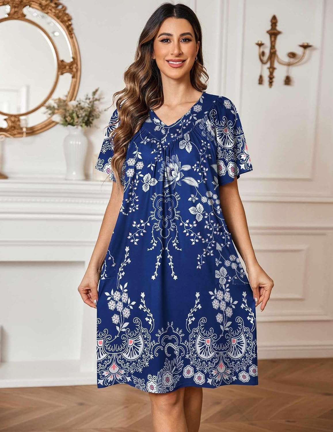 image:imageEkouaer Womens House Dress Floral Print Nightgown with Pockets Mumu DressBlue and White Flower