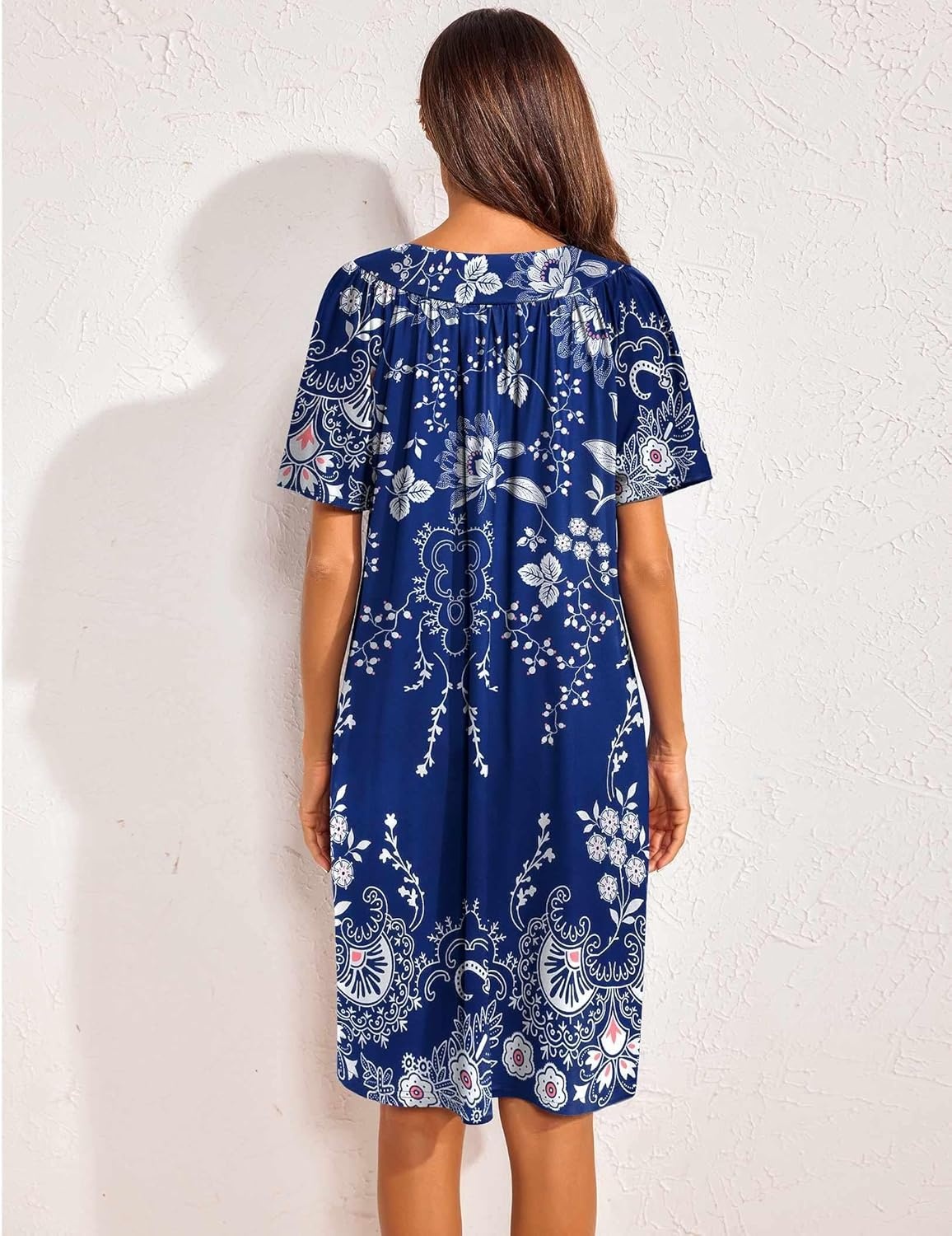 image:imageEkouaer Womens House Dress Floral Print Nightgown with Pockets Mumu DressBlue and White Flower