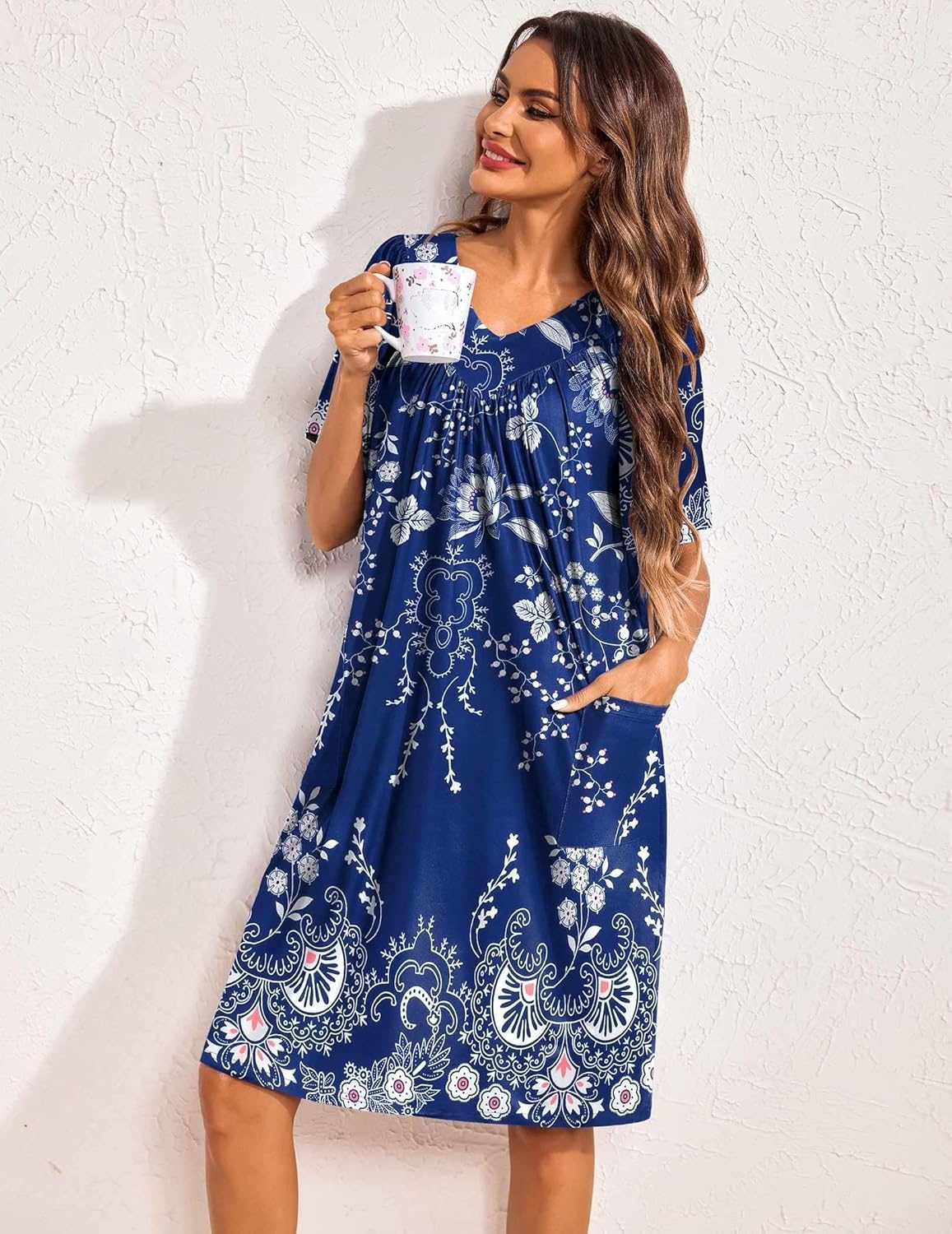 image:imageEkouaer Womens House Dress Floral Print Nightgown with Pockets Mumu DressBlue and White Flower