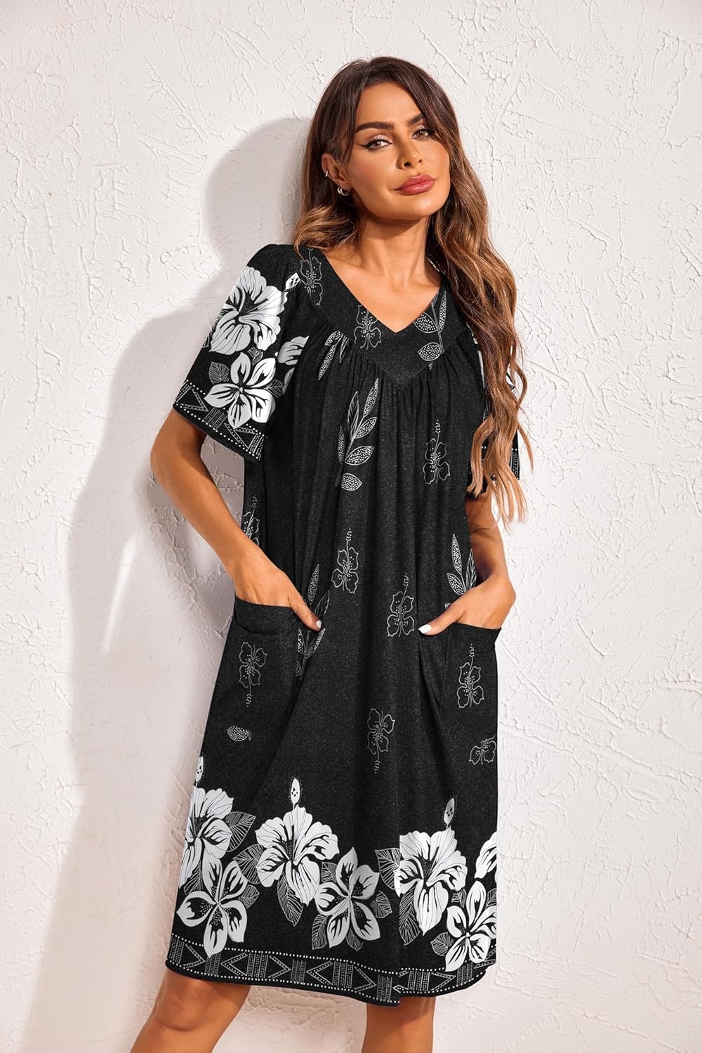 image:imageEkouaer Womens House Dress Floral Print Nightgown with Pockets Mumu DressFloral Black