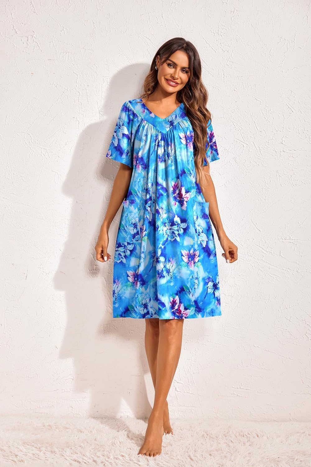image:imageEkouaer Womens House Dress Floral Print Nightgown with Pockets Mumu DressFloral Blue