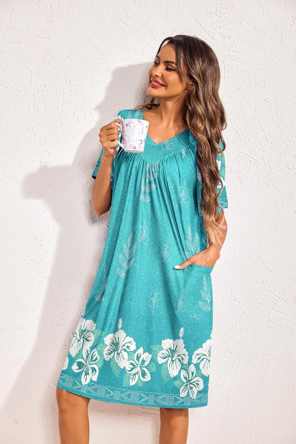 image:imageEkouaer Womens House Dress Floral Print Nightgown with Pockets Mumu DressGreen