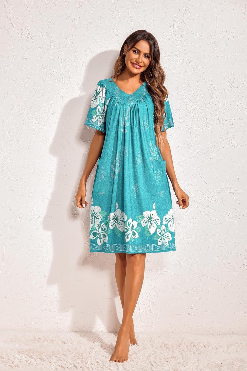 image:imageEkouaer Womens House Dress Floral Print Nightgown with Pockets Mumu DressGreen