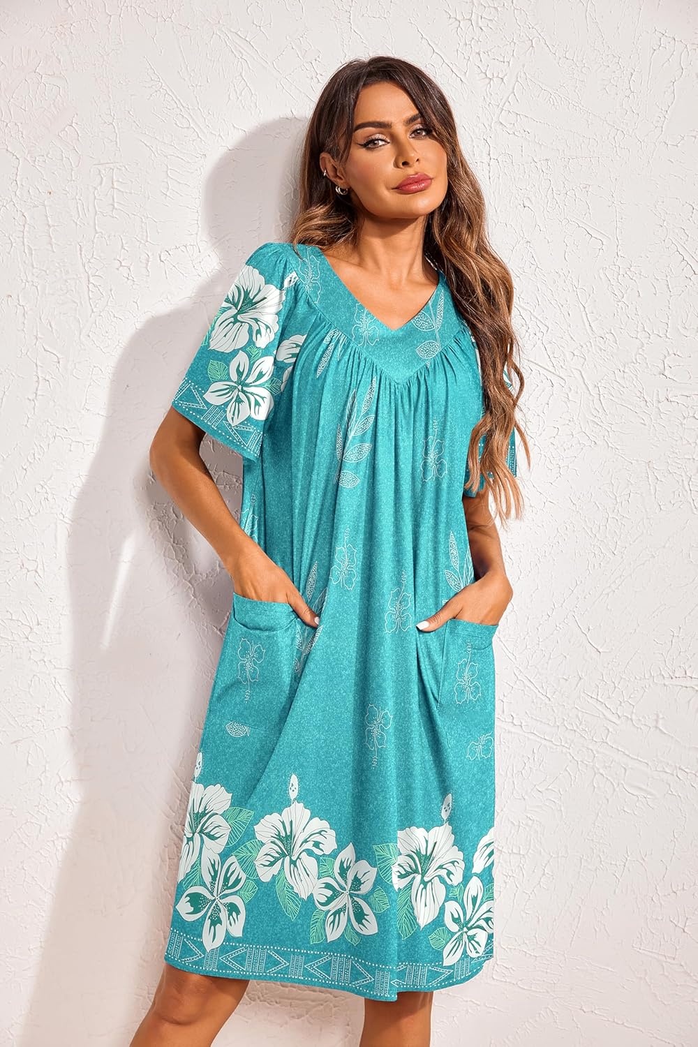 image:imageEkouaer Womens House Dress Floral Print Nightgown with Pockets Mumu DressGreen