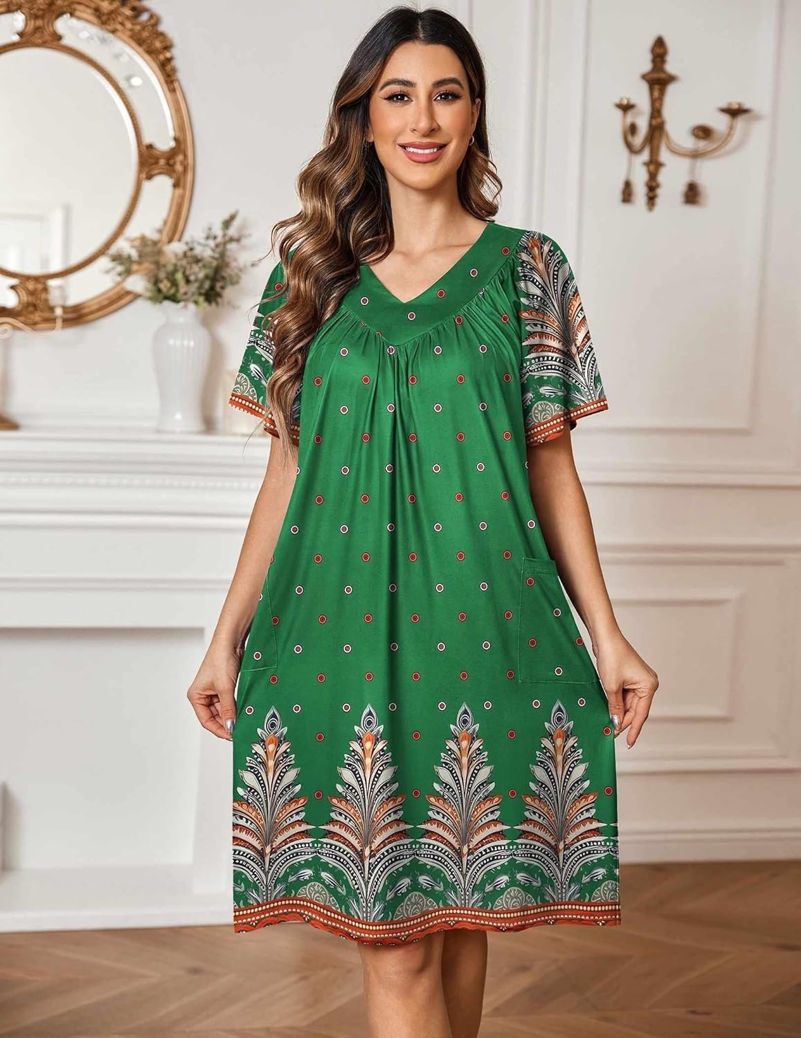 image:imageEkouaer Womens House Dress Floral Print Nightgown with Pockets Mumu DressGreen Boho