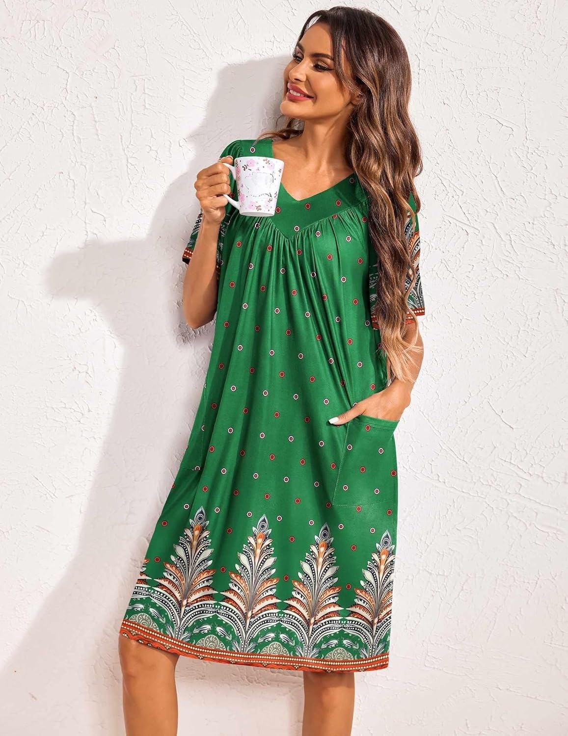 image:imageEkouaer Womens House Dress Floral Print Nightgown with Pockets Mumu DressGreen Boho