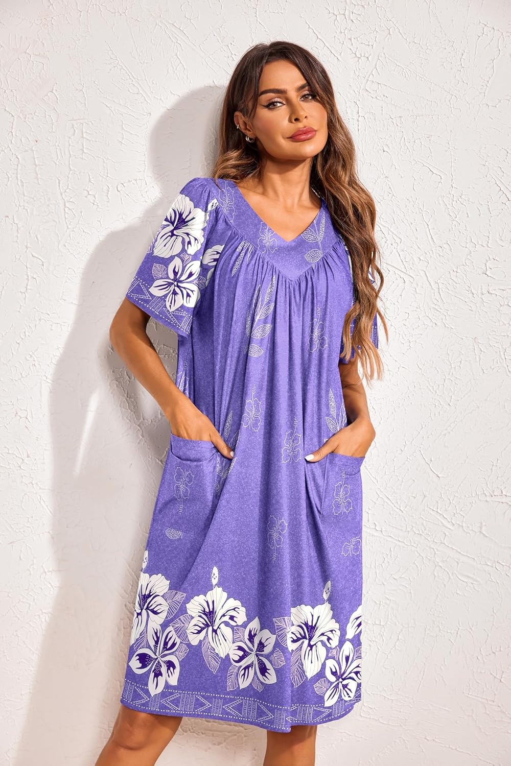 image:imageEkouaer Womens House Dress Floral Print Nightgown with Pockets Mumu DressLilac