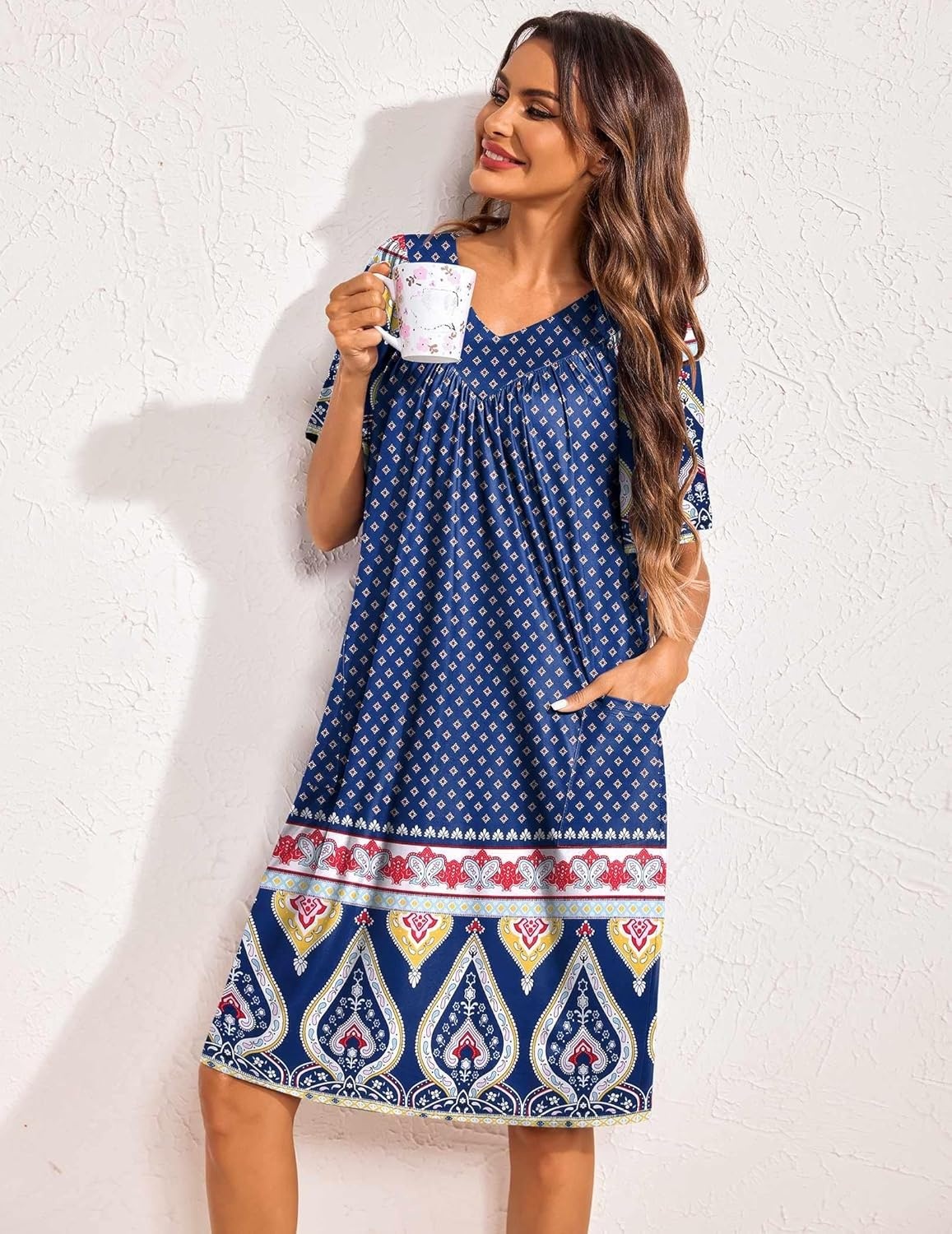 image:imageEkouaer Womens House Dress Floral Print Nightgown with Pockets Mumu DressNavy Blue