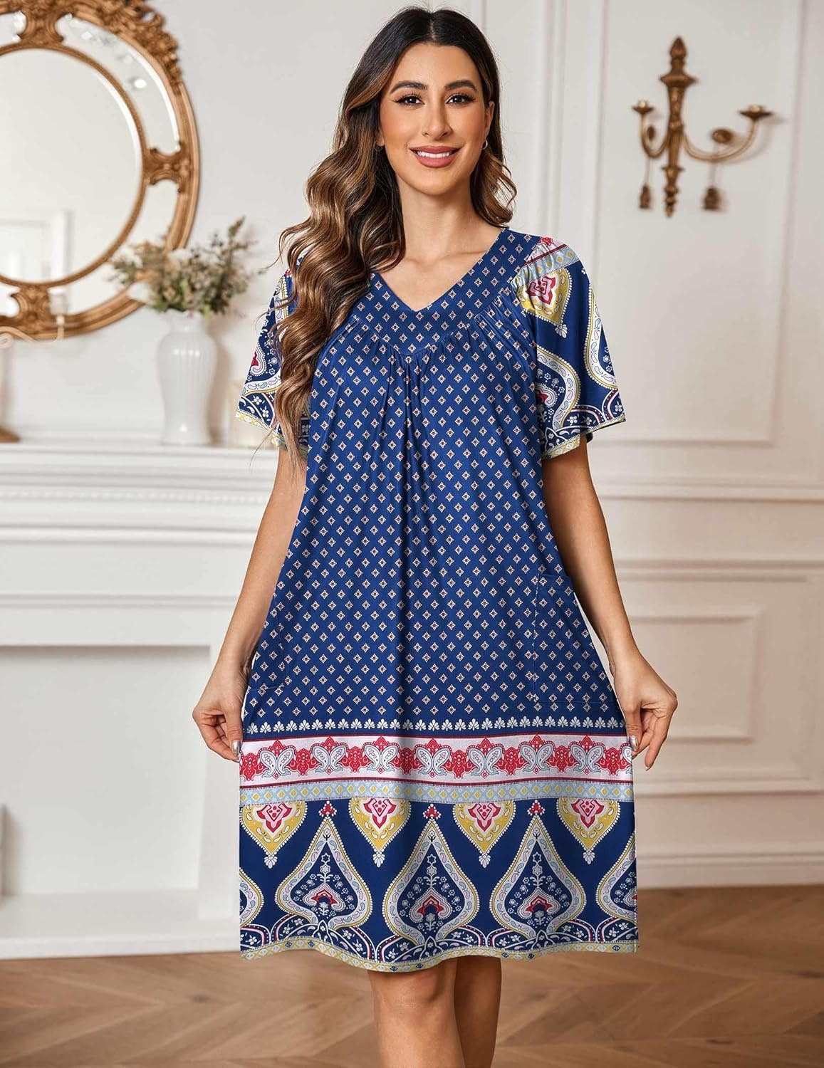 image:imageEkouaer Womens House Dress Floral Print Nightgown with Pockets Mumu DressNavy Blue
